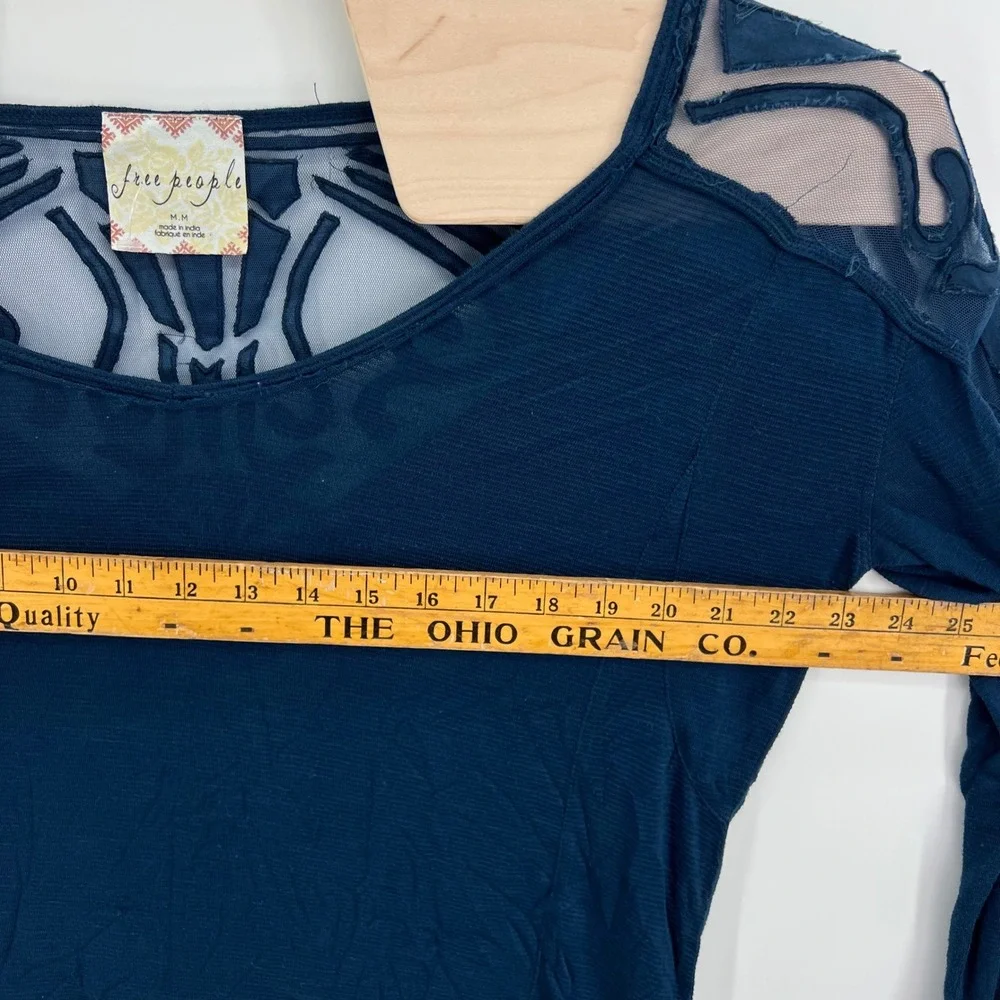 Free People Mesh Yoke Top Womens Medium Navy Blue Boho Embroidered Split Back